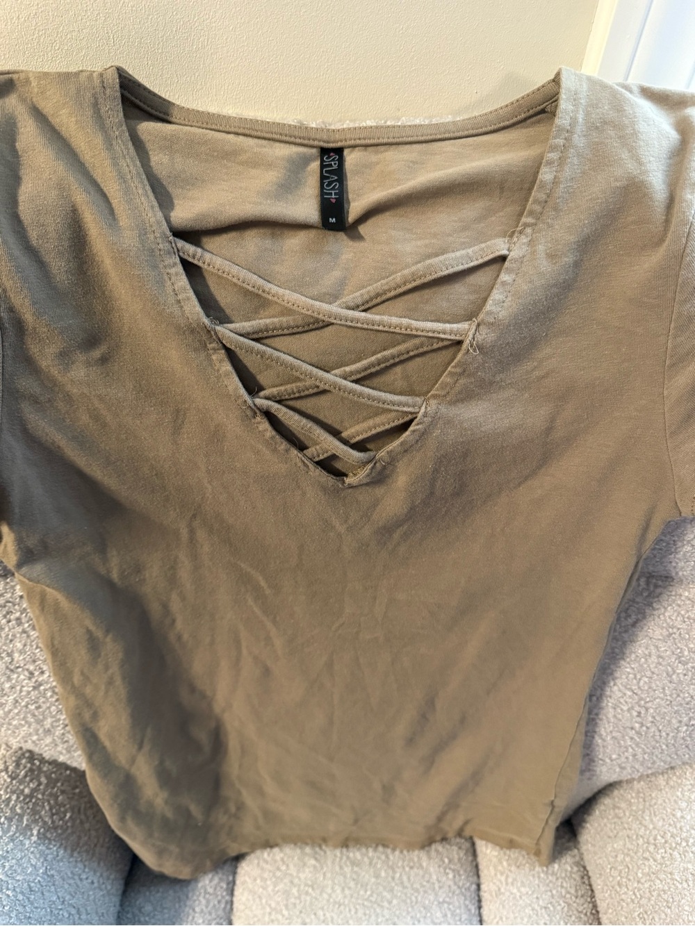 Splash Women's Olive Crisscross V-Neck Short Sleeve Top